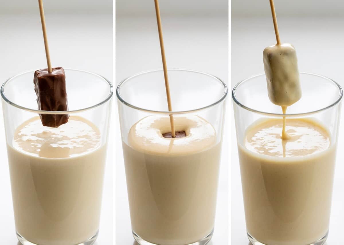 Dipping Snickers Bar on a Skewer into Batter to Make Deep Fried Snickers.