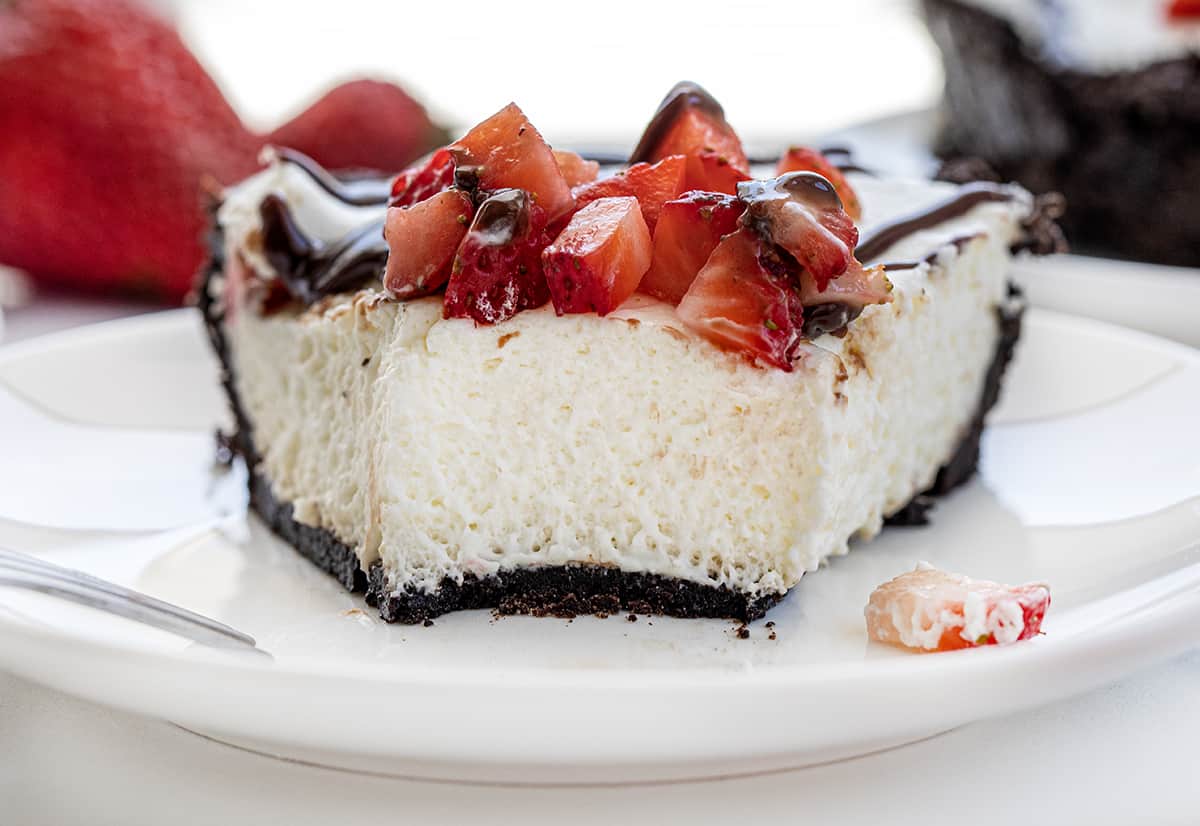 Close up of the Texture of a Chocolate Strawberry Marshmallow Pie After a Bite has Been Removed.