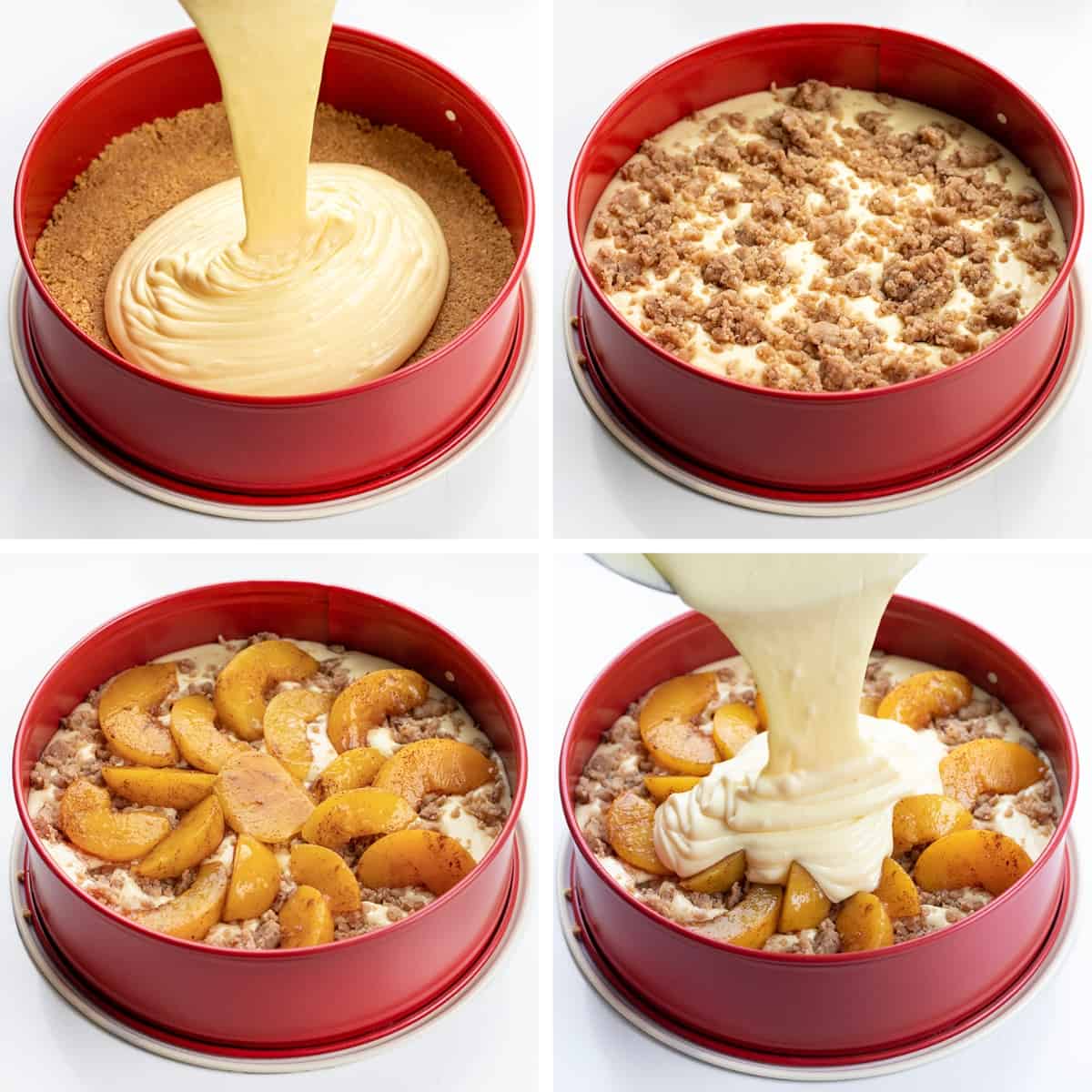 Steps for adding crust, cheesecake filling, crumble, and peaches to Peach Crumble Cheesecake.