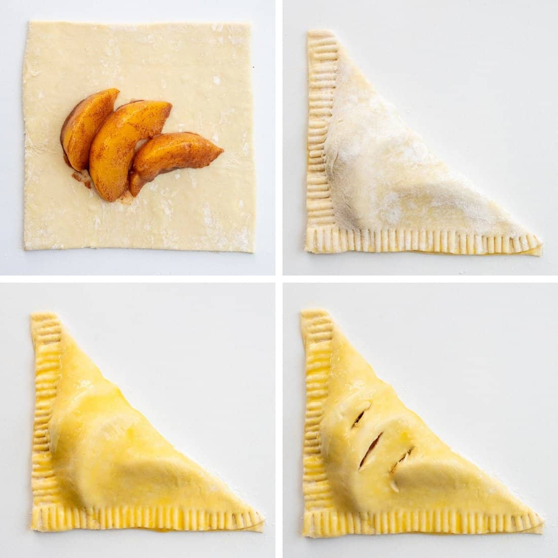 Steps for Filling Puff Pastry with Peaches, Folding, Brushing with Egg Wash, and Piercing to Make Peach Turnovers.
