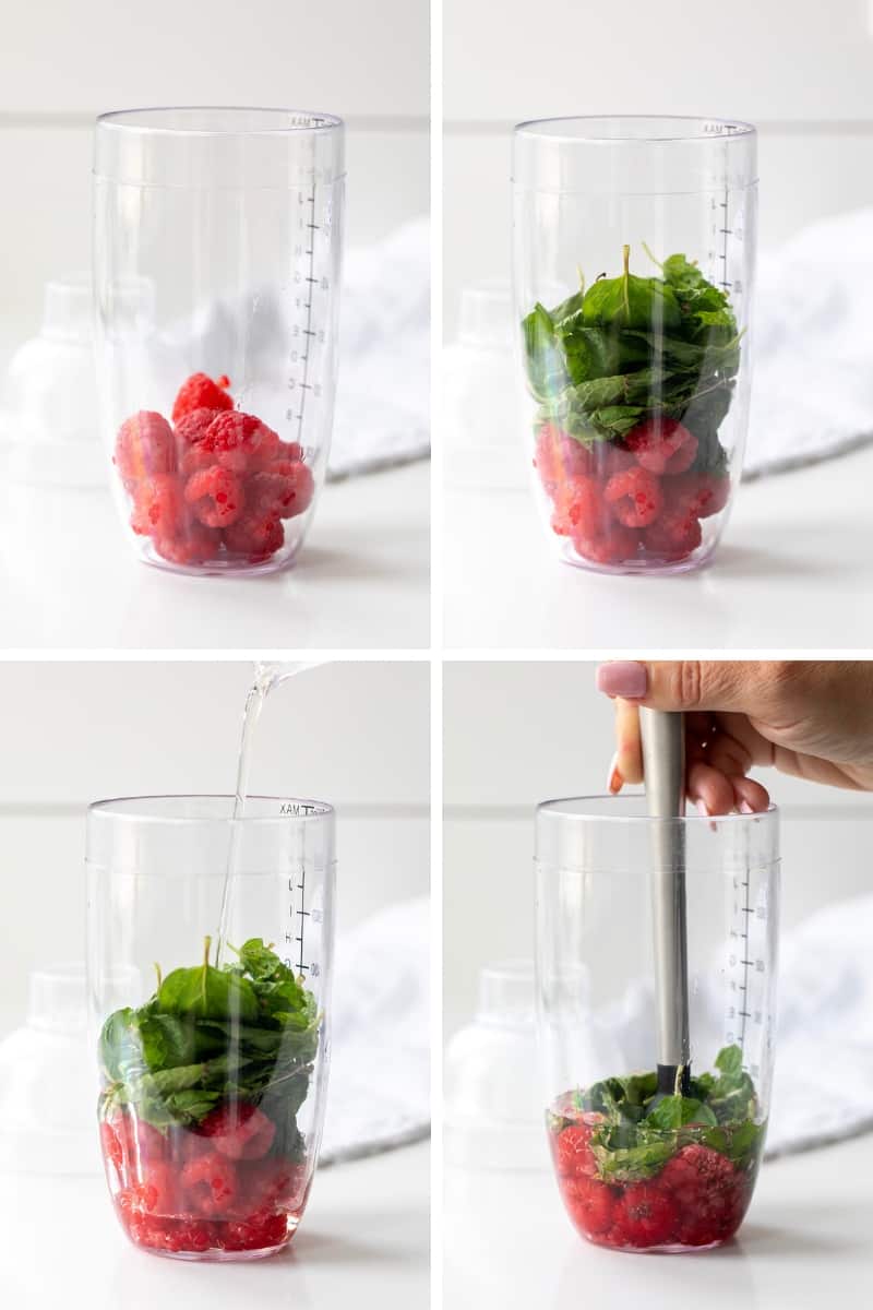 Steps for Making a Raspberry Lime Mojito with Raspberries, Mint, Simple Syrup, and Muddling.