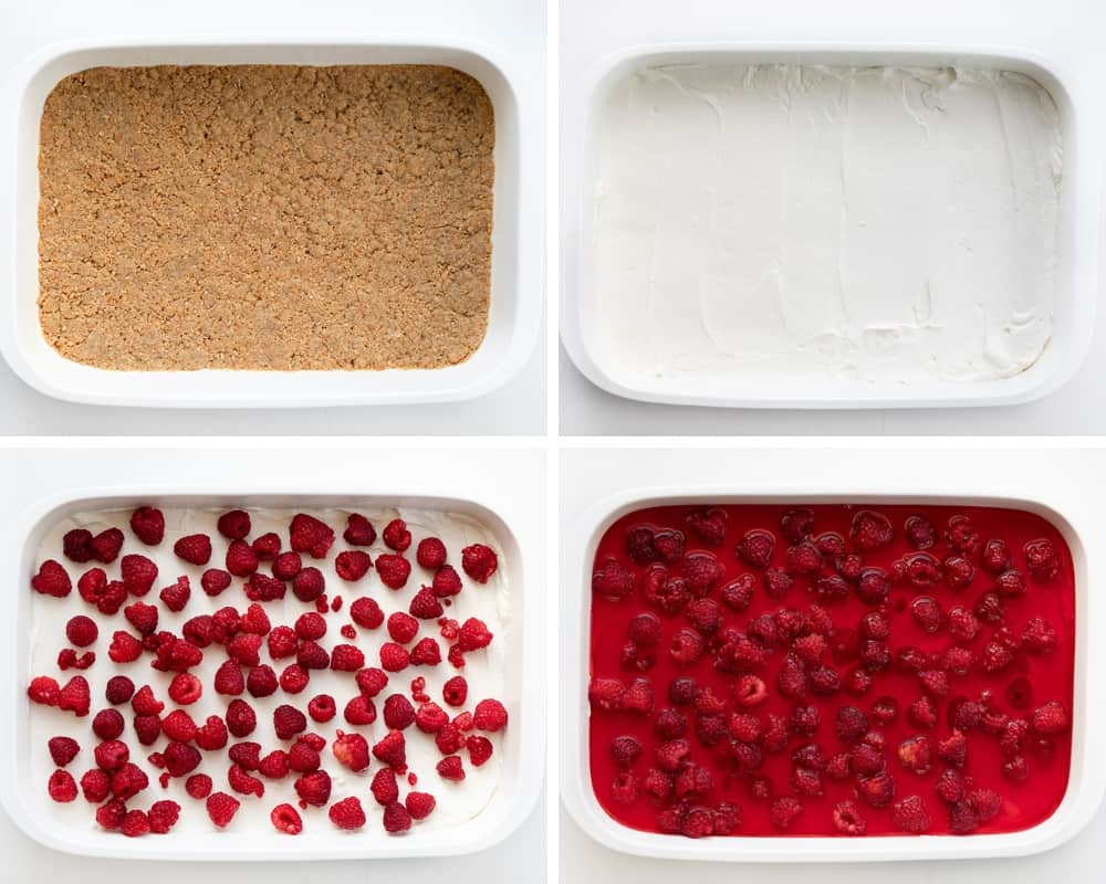 Steps for Making Raspberry Pretzel Salad with Pretzel Crust, Cream Cheese Layer, Fresh Raspberries, and Jello in a White Pan.