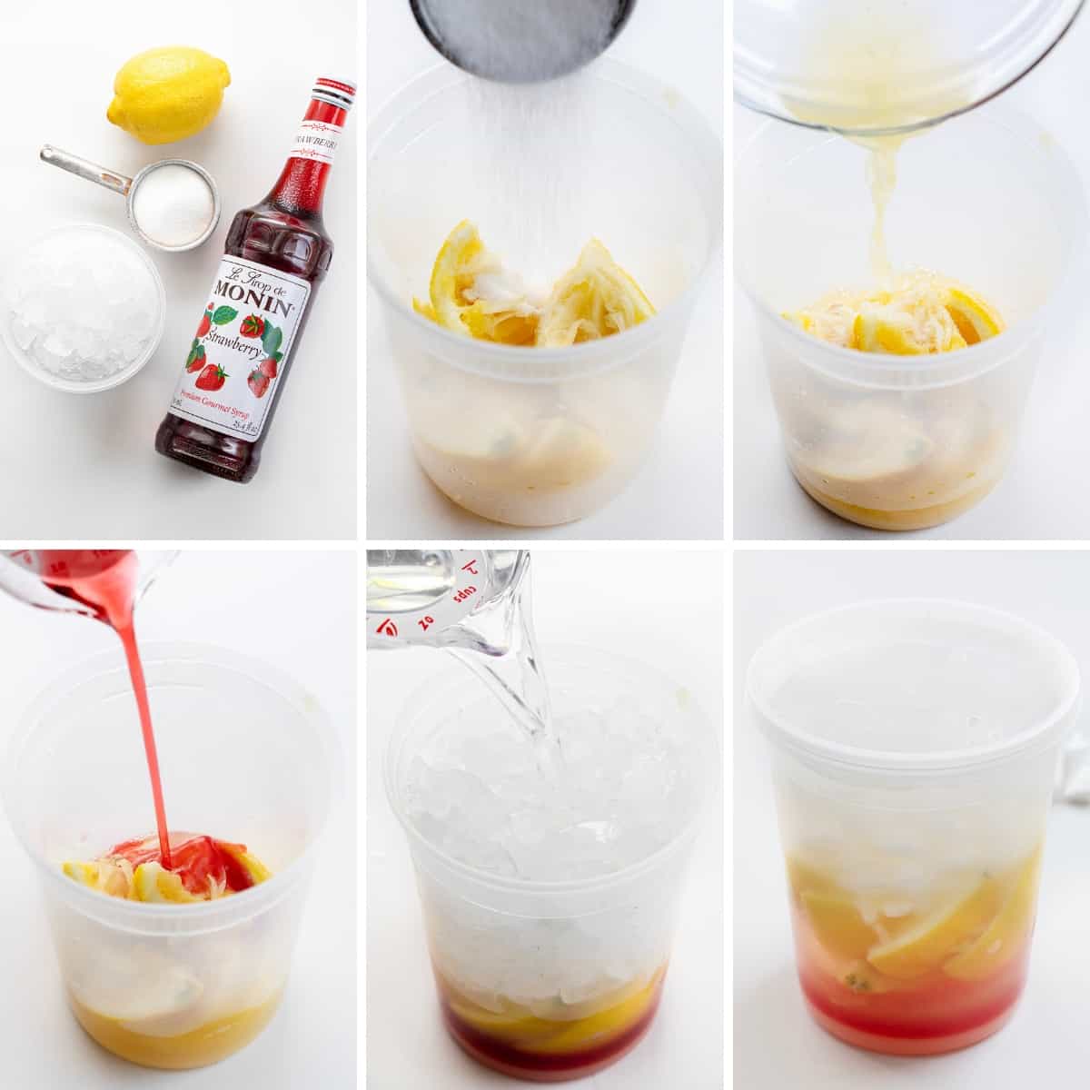 Steps for Creating a State Fair Strawberry Lemonade at Home with Equipment Used and Each Step of the Ingredient Process.