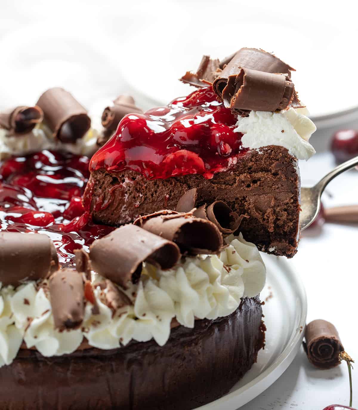 Removing One Piece of Black Forest Cheesecake From the Serving Plate.