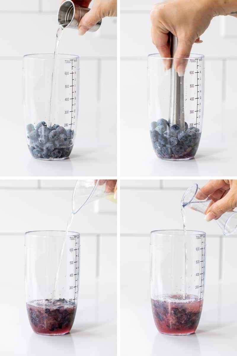 Steps for adding blueberries, vodka, and lemonade to make a Spiked Blueberry Lemonade.