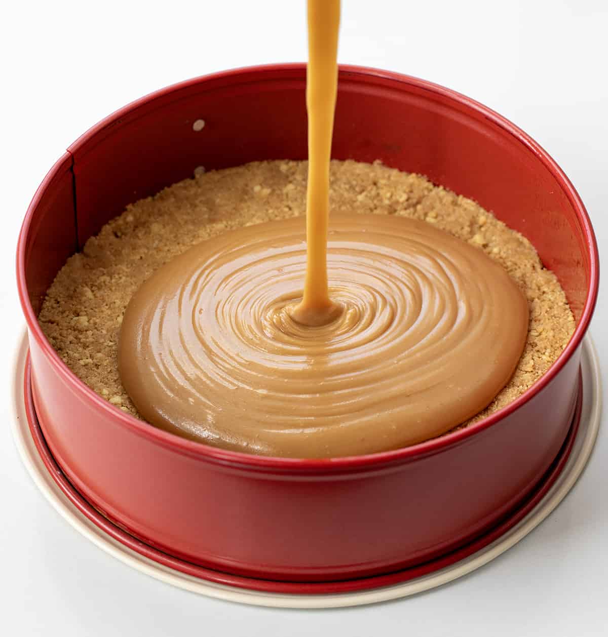 Pouring Caramel into Springform Pan.