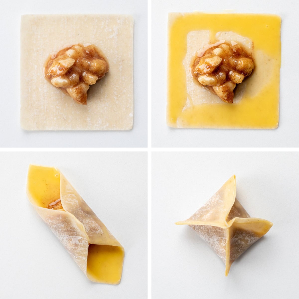 Steps for making Fried Banana Bites with wonton wrappers and banana filling.