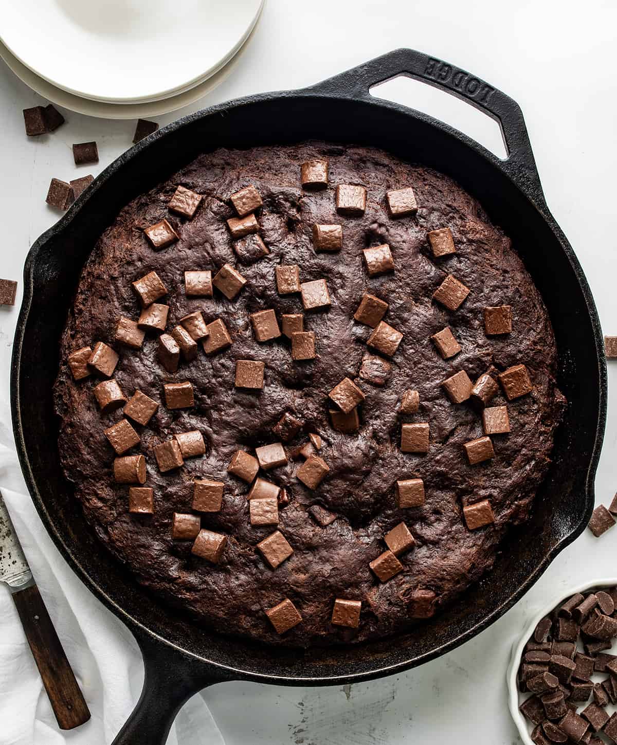 Pan of Chocolate Focaccia Bread on a White Counter from Overhead.