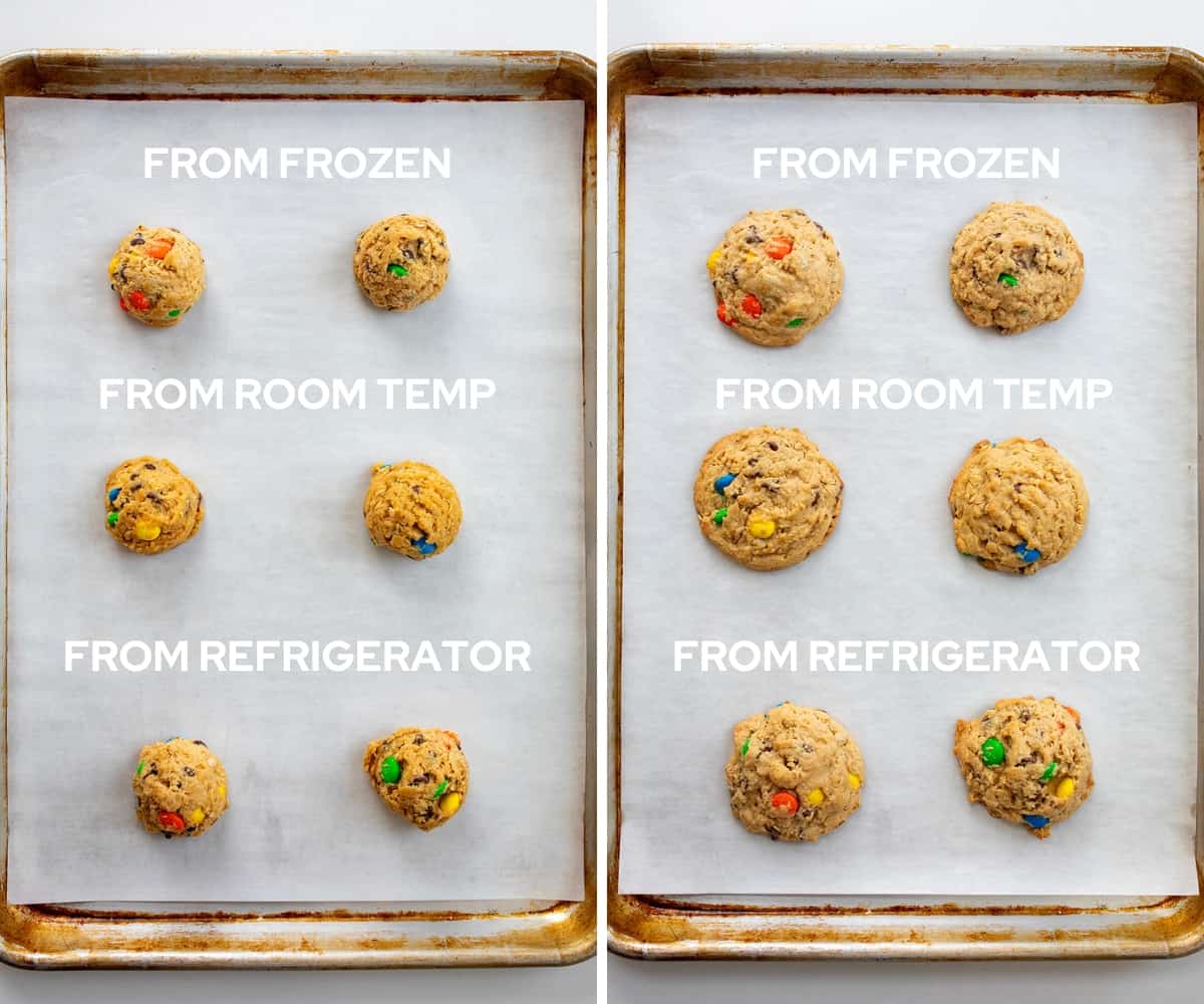 Trays of Cookies Showing Where they Came from (Fridge, Freezer, Counter) Before and After Baking.