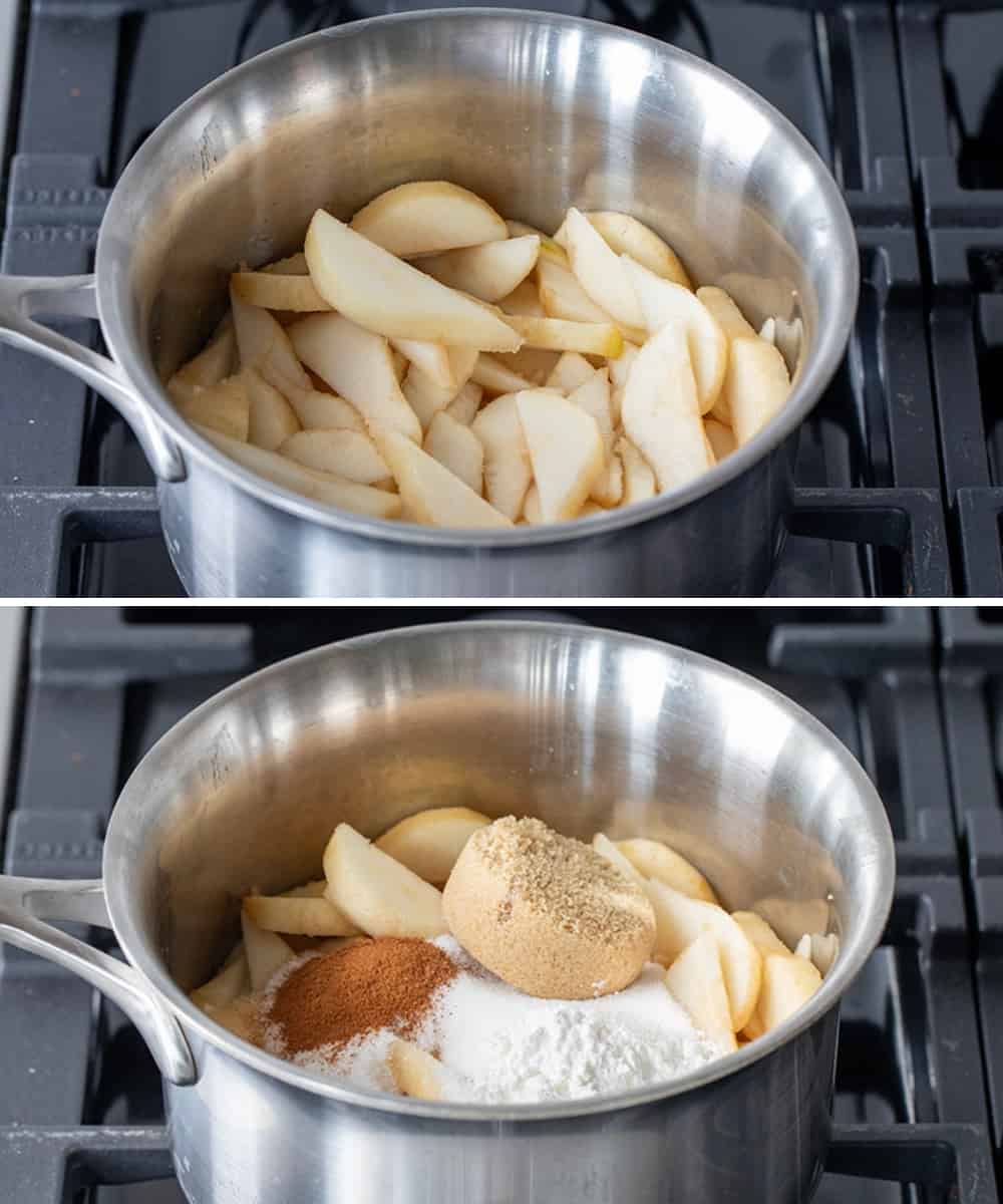 Ingredients for Pear Pie Filling in a Pan over Heat on a Gas Stove.