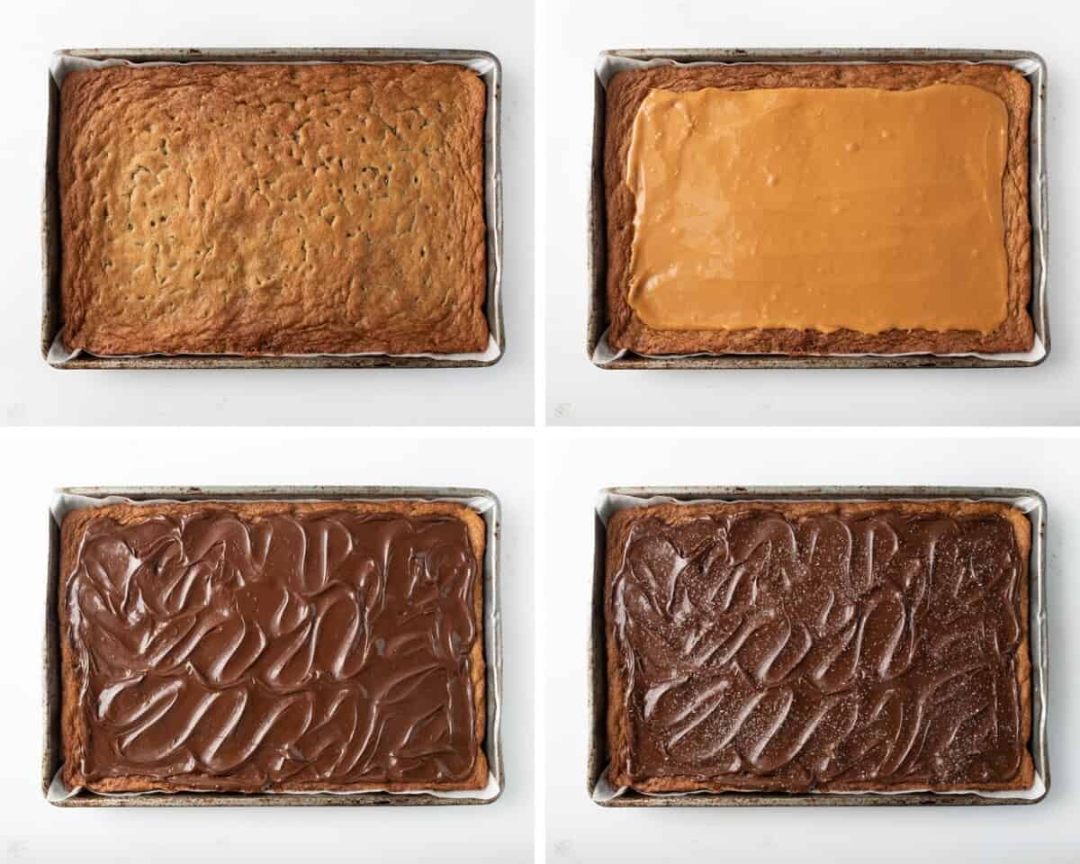 Steps for building a Salted Caramel Cookie Bar in a Sheet Pan on a White Counter.