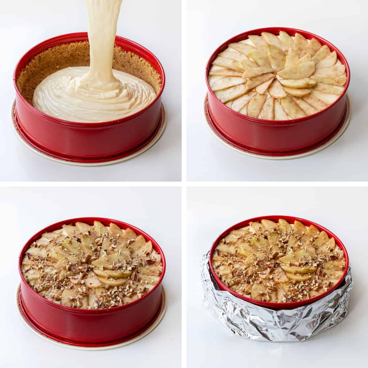 Adding Cheesecake Filling to Pan With Graham Cracker Crumbs, Adding Sliced Apples to the Top, Adding Nuts on top of the Apples, and Wrapping the Pan before Baking.