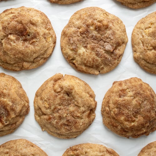 Apple Snickerdoodles Laying flat on a white parchment paper.