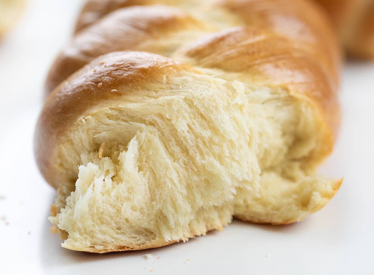 Torn Easy Challah Bread Showing Soft Texture.
