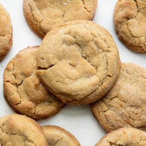 Chewy Peanut Butter Cookies on a White Table from Overhead.