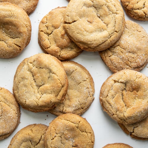 Chewy Peanut Butter Cookies from Overhead on a White table.
