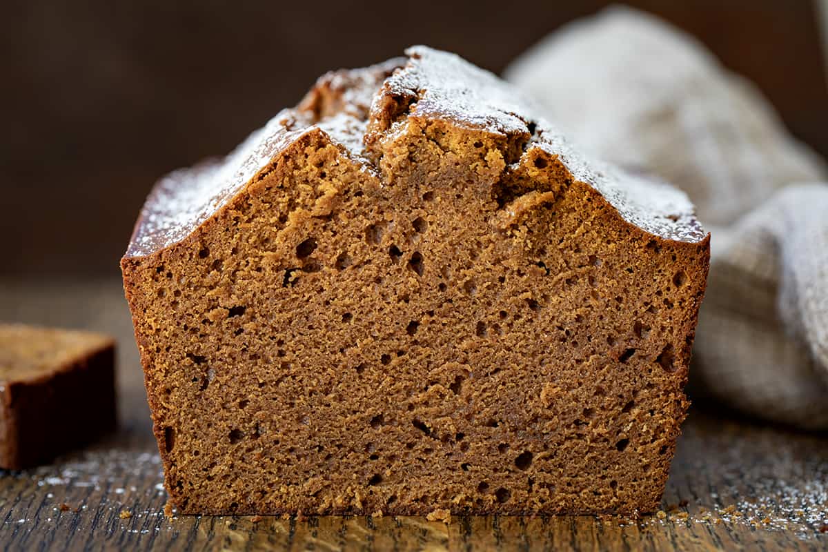 Close up of a Sliced Gingerbread Loaf Showing Inside Texture.