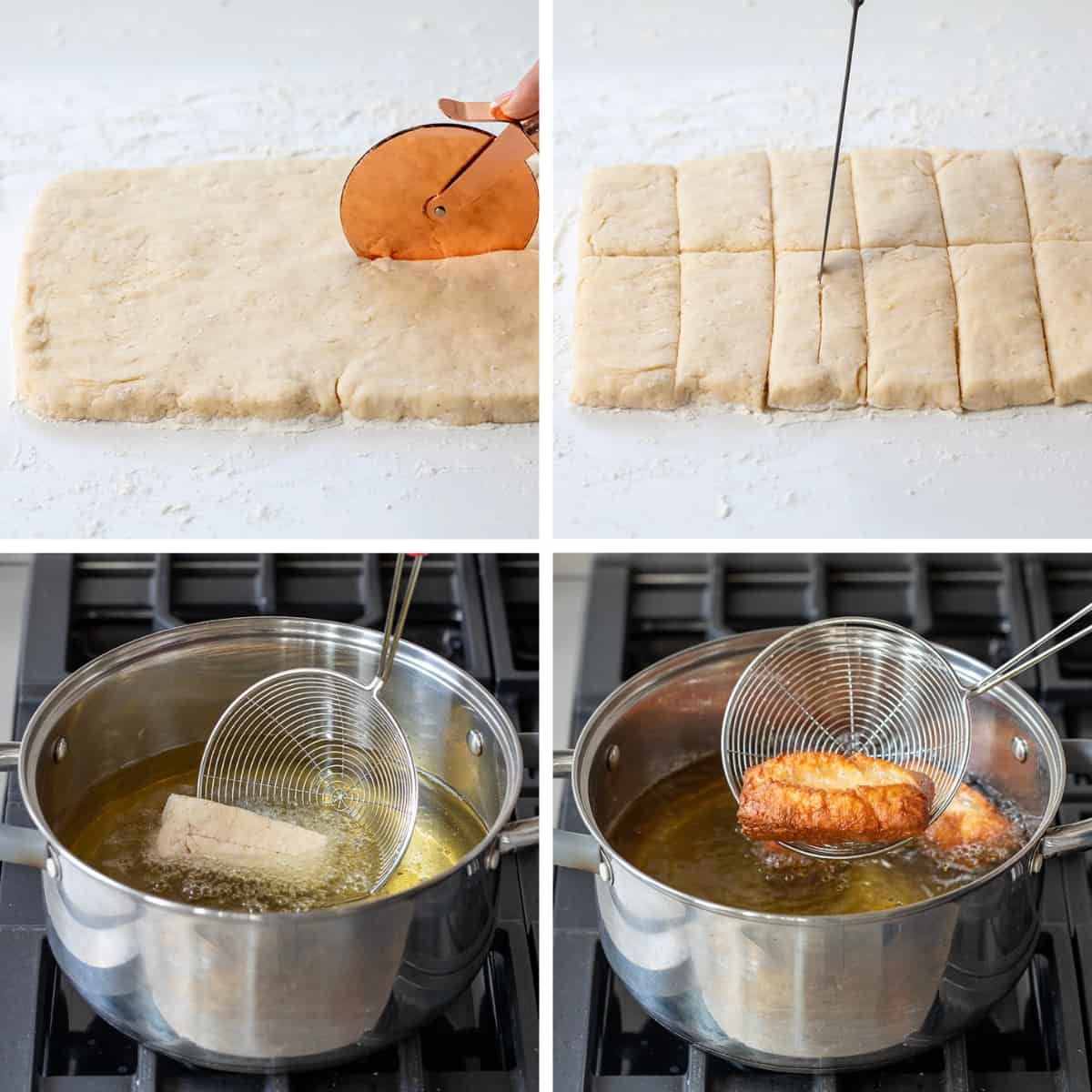 Steps for Rolling out Dough, Cutting Dough, Piercing Dough, and Frying Dough to Make Maple Bacon Donut Sticks.