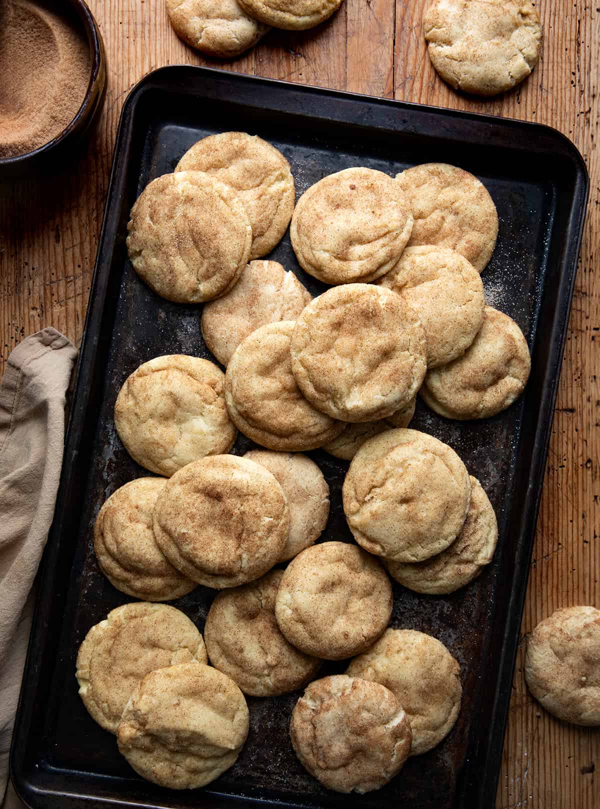 Pan of Browned Butter Snickerdoodles on a Table.