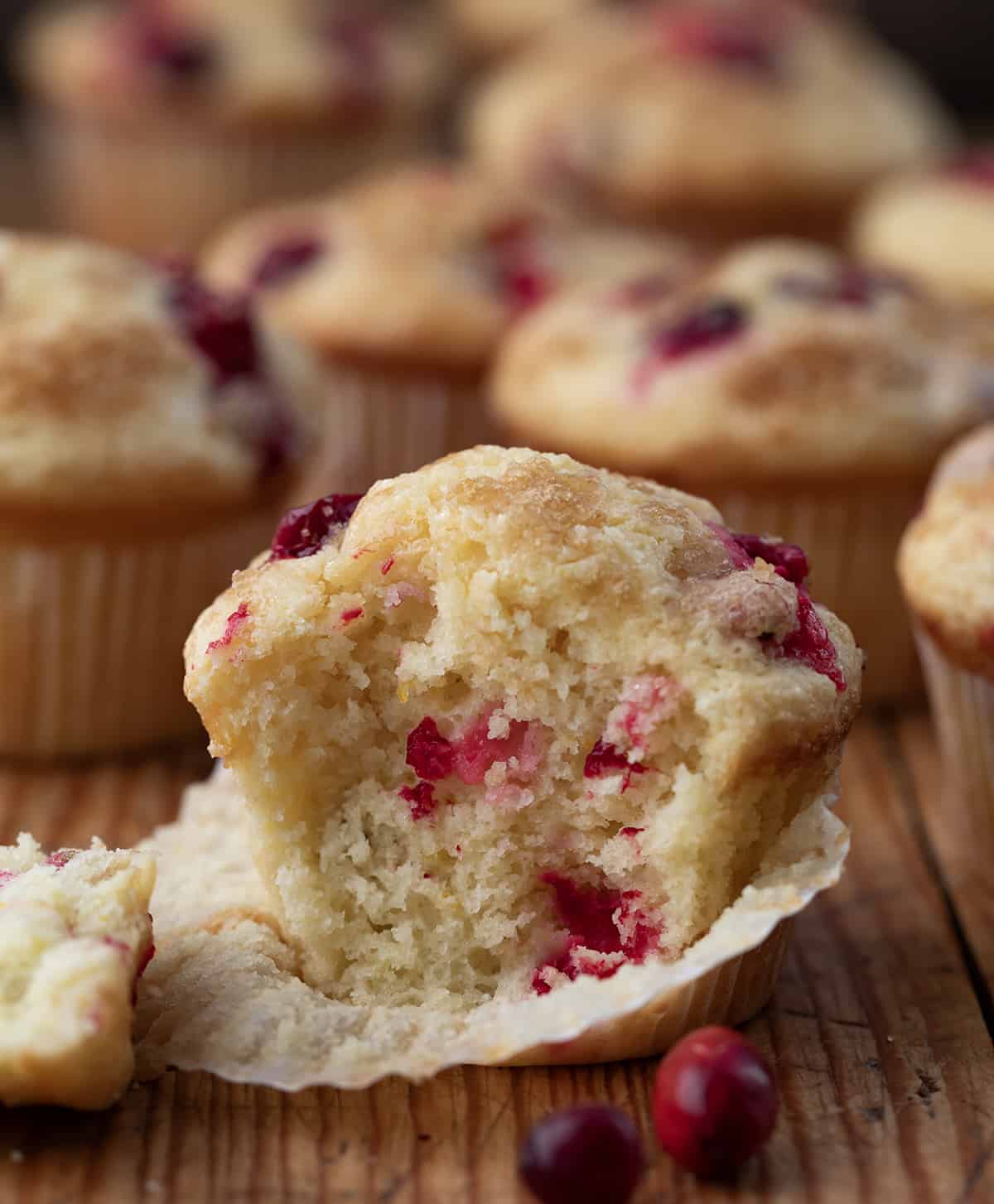 One Cranberry Orange Muffins in the Pulled Down Wrapper with a Bite Removed.