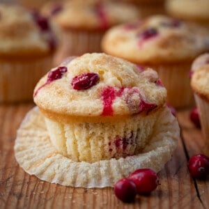 One Cranberry Orange Muffin with Wrapper Pulled Down.