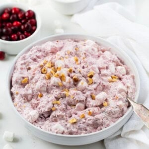 Cranberry Fluff in a bowl on a white table from overhead.