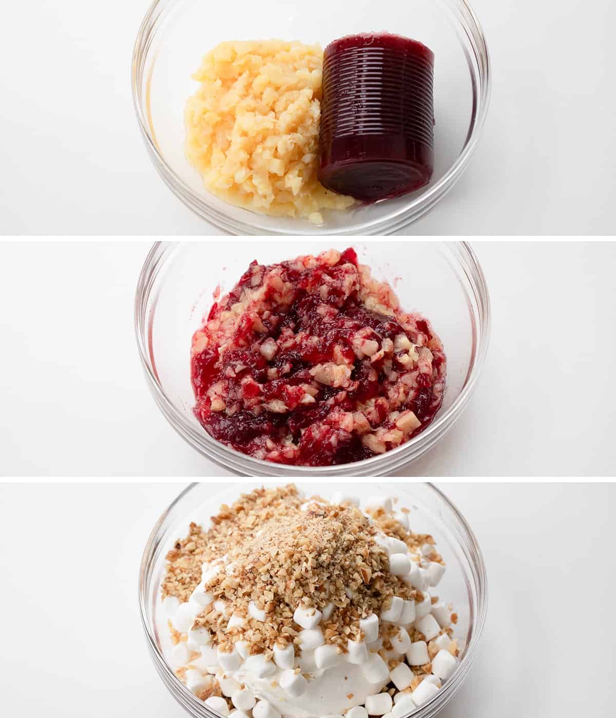 Steps for making Cranberry Fluff in a glass bowl with raw ingredients.