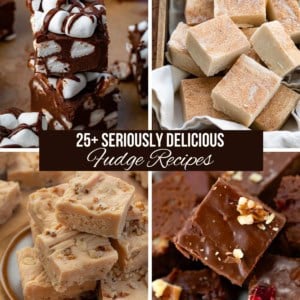 Images of hot cocoa fudge, snickerdoodle fudge, maple pecan fudge, and cherry fantasy fudge with the words 25+ delicious fudge recipes.