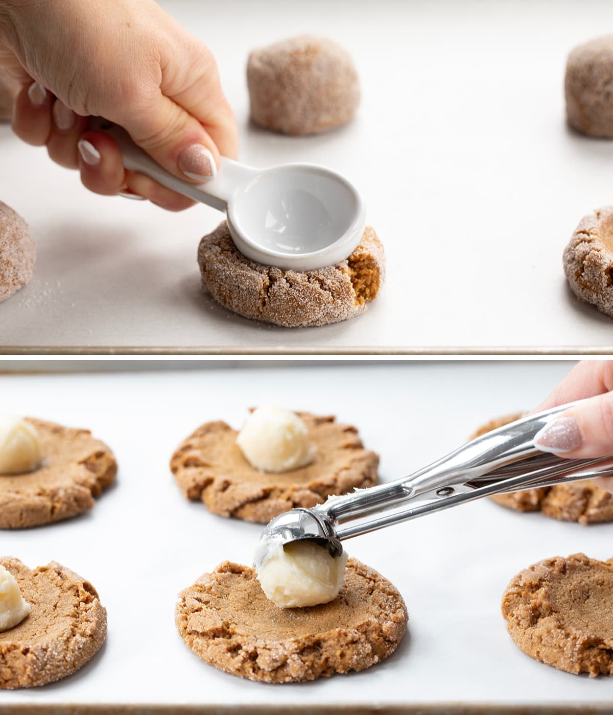 Pressing Gingerbread Thumbprint Cookies and then adding frosting after baking.