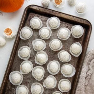 Pumpkin Truffles on a tray on a white table with a pumpkin from overhead.