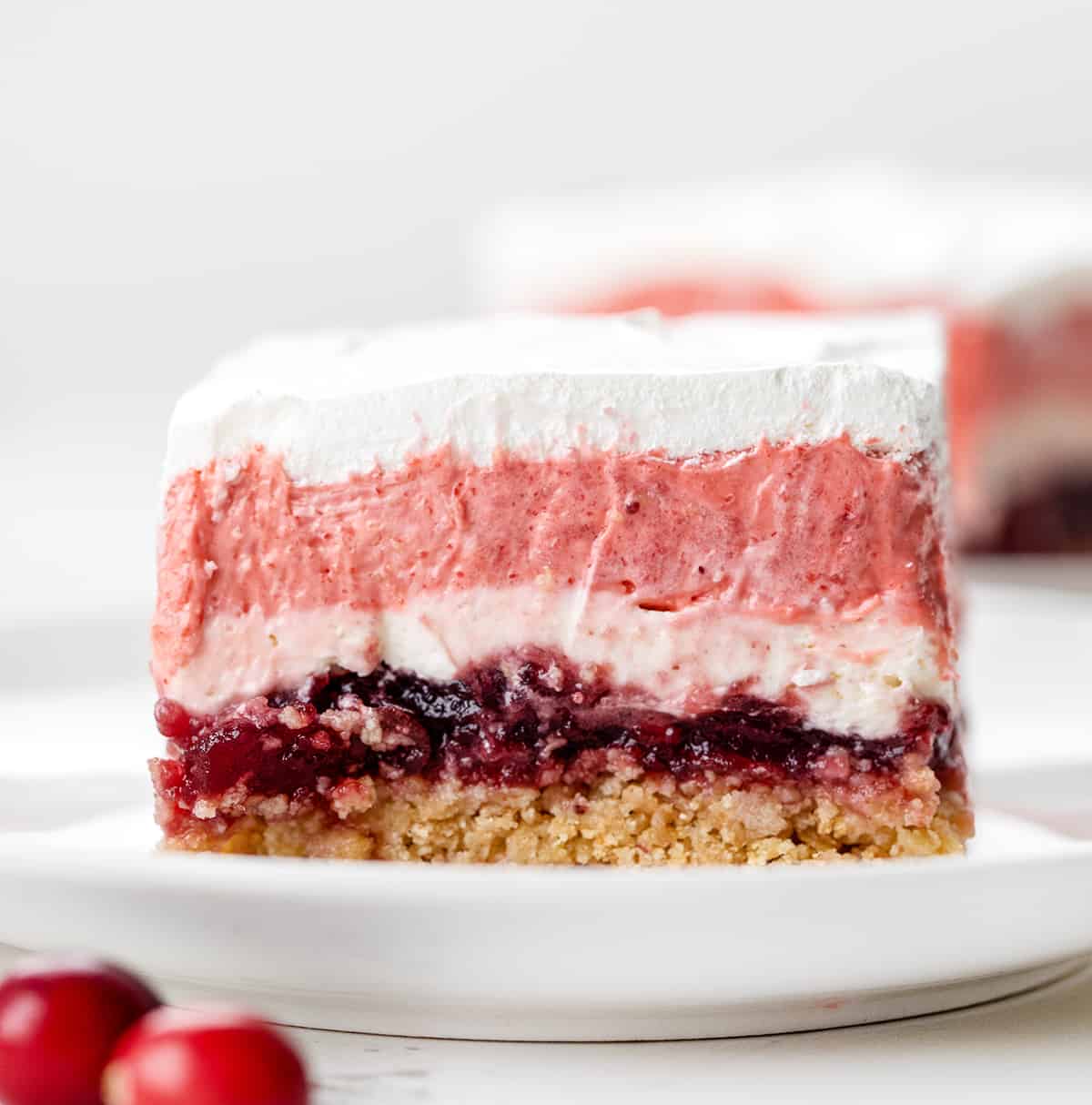 One piece of Cranberry Delight on a white plate showing layers.
