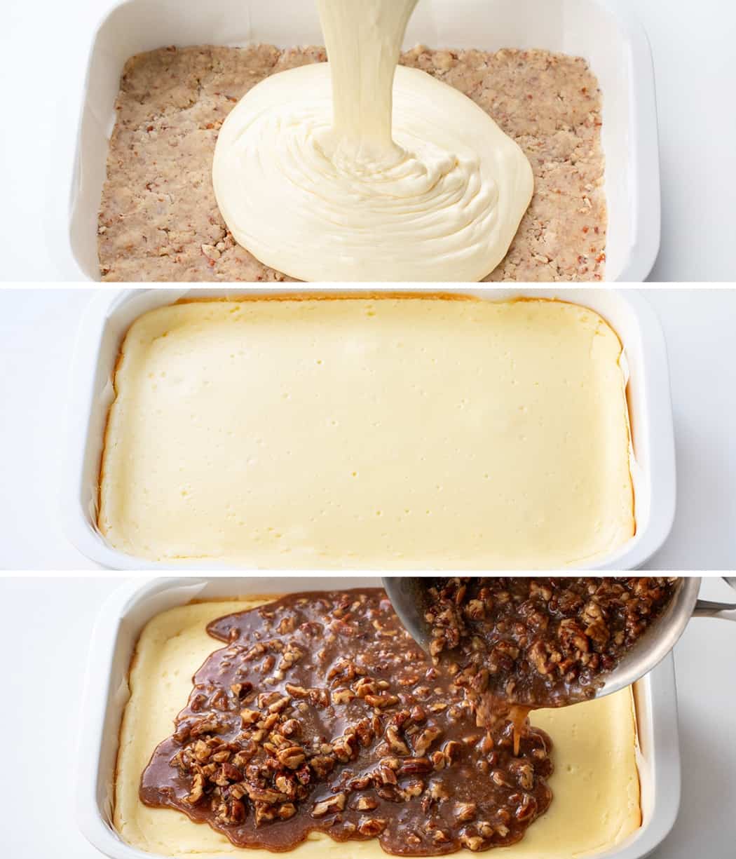 Steps for filling, baking, and then topping cheesecake bars with pecan sauce to make Pecan Pie Cheesecake Bars.