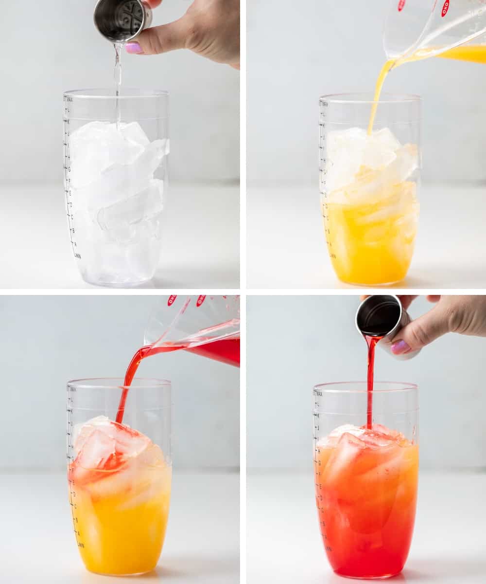 Steps for adding ingredients to cocktail shaker to make a Rudolph's Tipsy Spritzer.