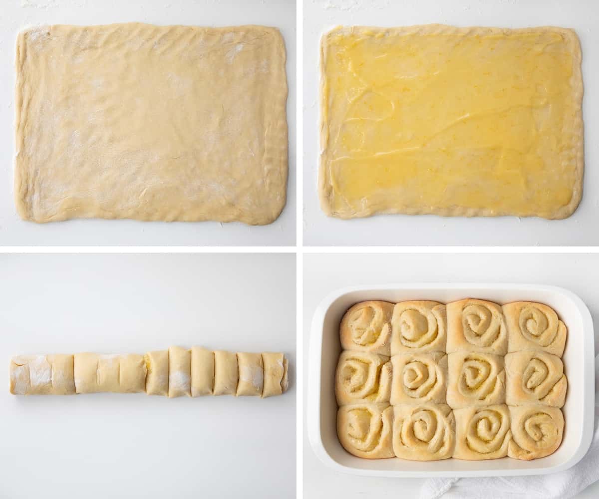 Steps for laying out dough, adding lemon curd, rolling and slicing rolls, and then baking them.