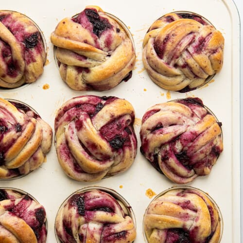 Muffin Tin Braided Blueberry Rolls in the Muffin Tin.