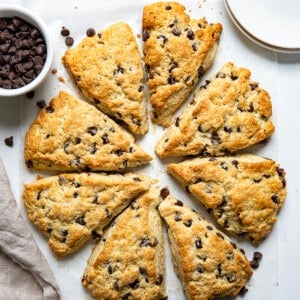 Chocolate Chip Scones on a white counter from overhead.