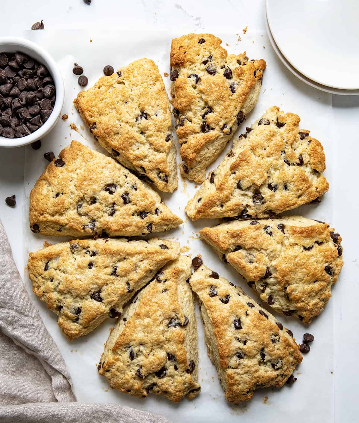 Chocolate Chip Scones on a white counter from overhead. 