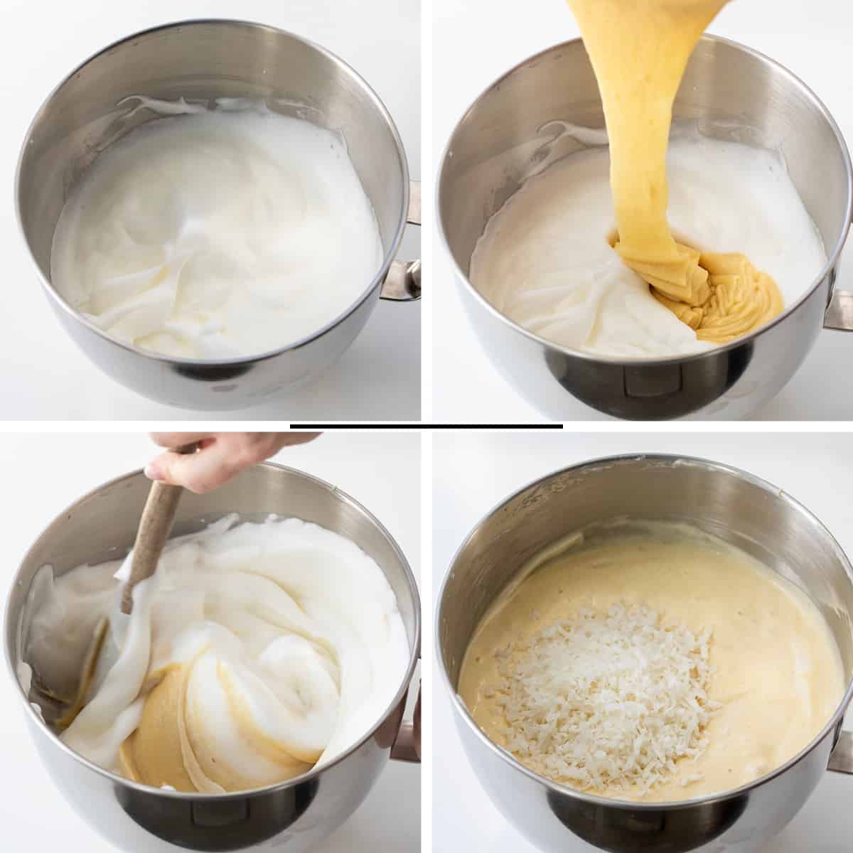 Steps for making a Coconut Chiffon Cake in a mixing bowl.