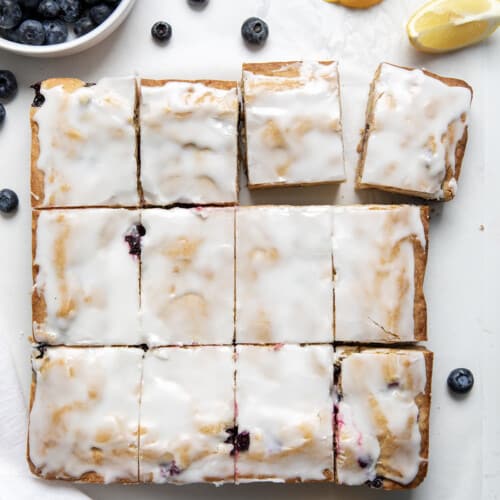Lemon Blueberry Blondies cut into pieces from overhead.