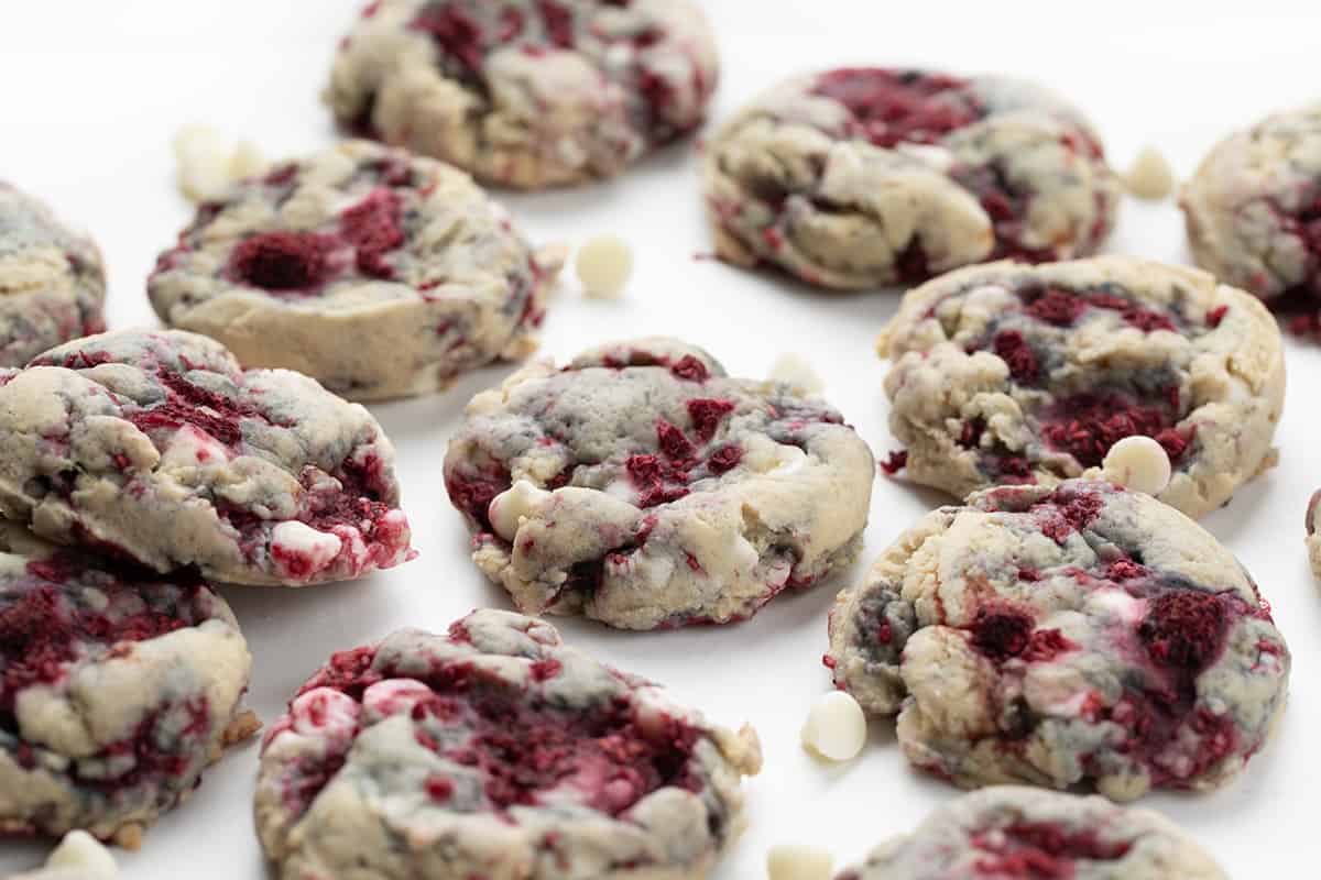 White Chocolate Raspberry Cookies on a white table.