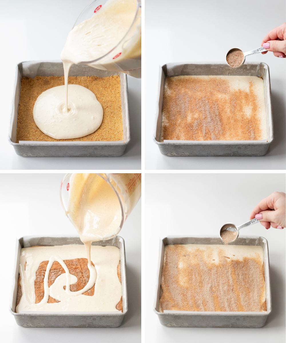 Steps for adding cream cheese and cinnamon layers to pan to make Snickerdoodle Cheesecake Bars.