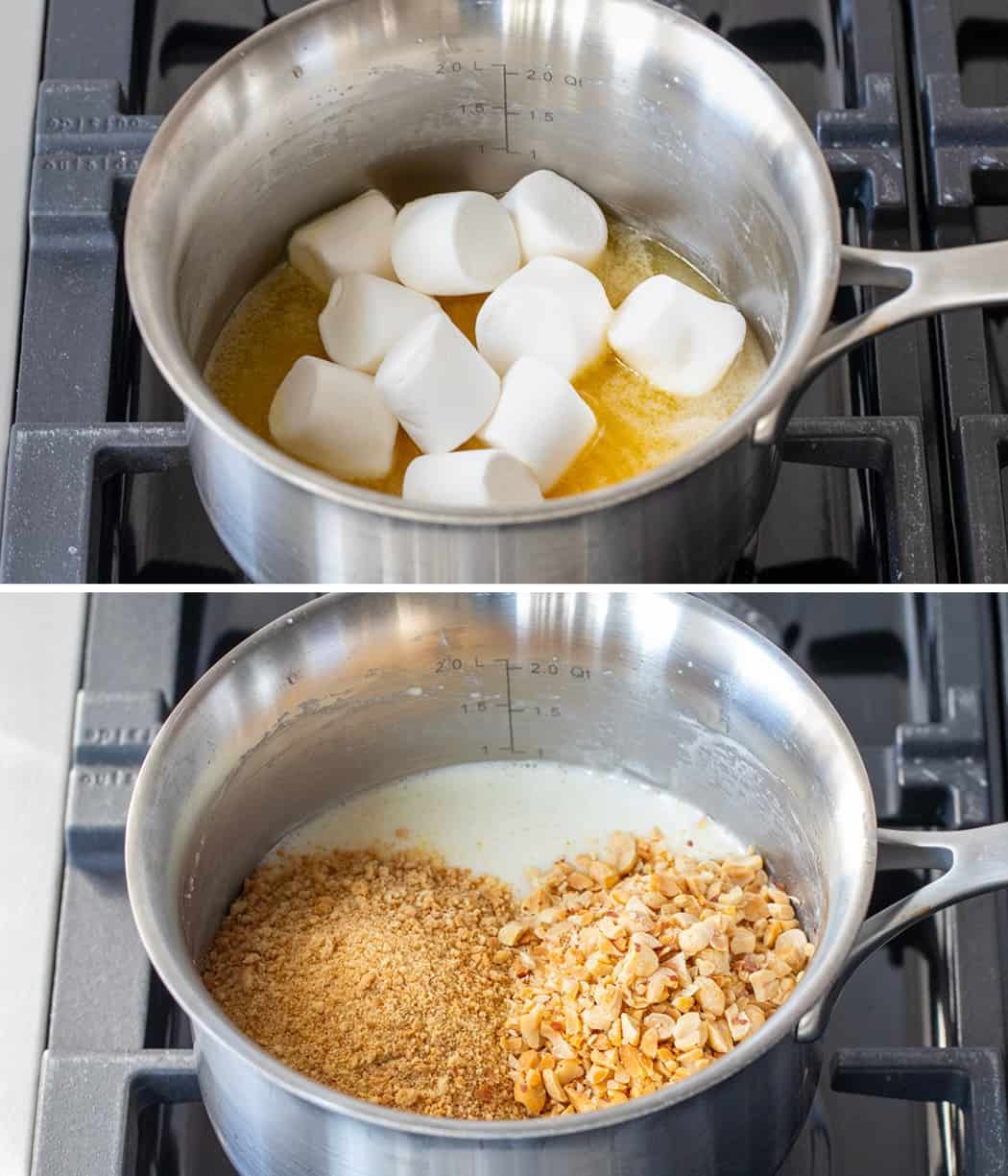 Steps for making $300 Candy, or graham cracker candy with ingredients in a pot on heat.