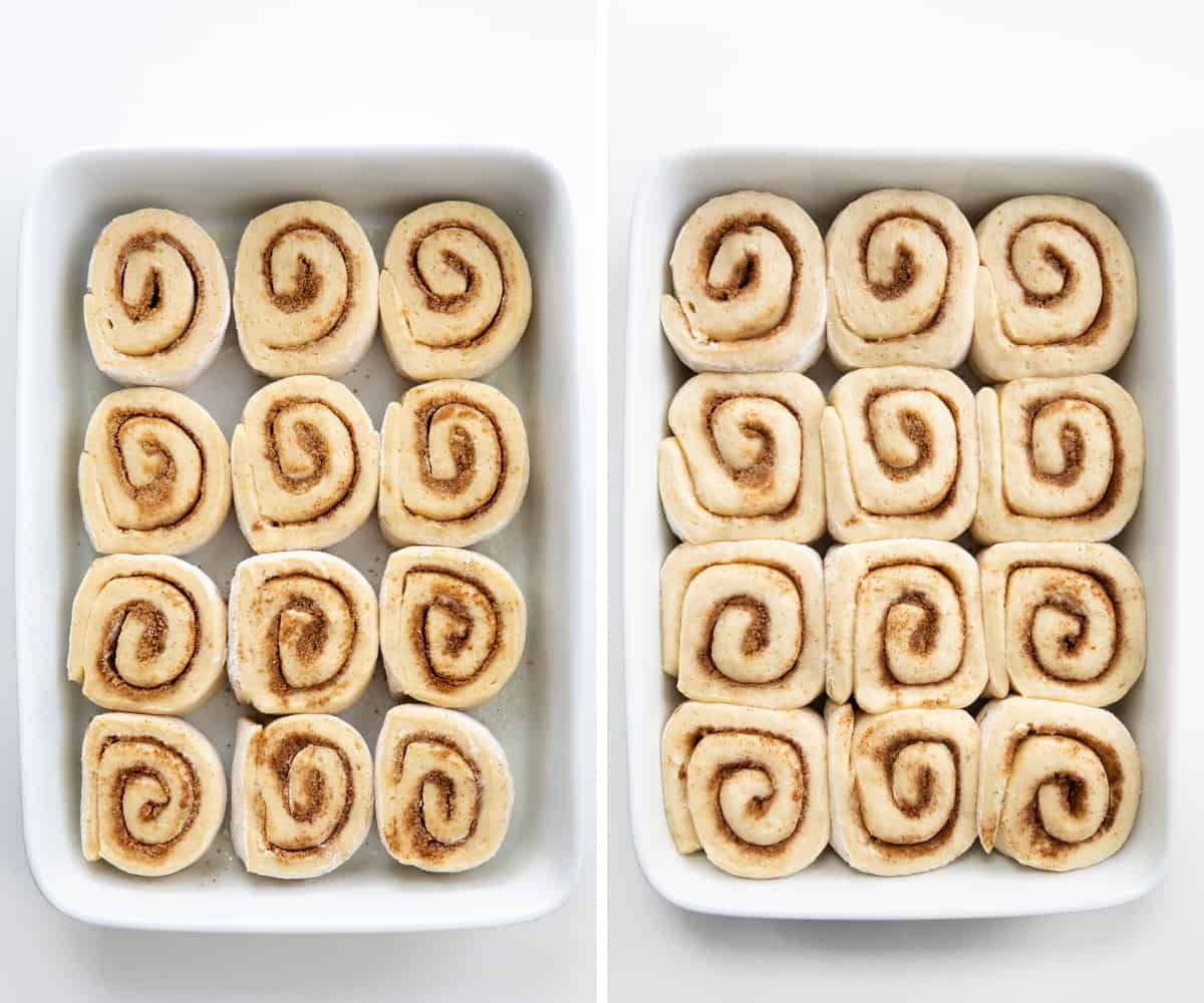 Amish Cinnamon Roll (or Potato Cinnamon Roll) in a pan before and after rising.