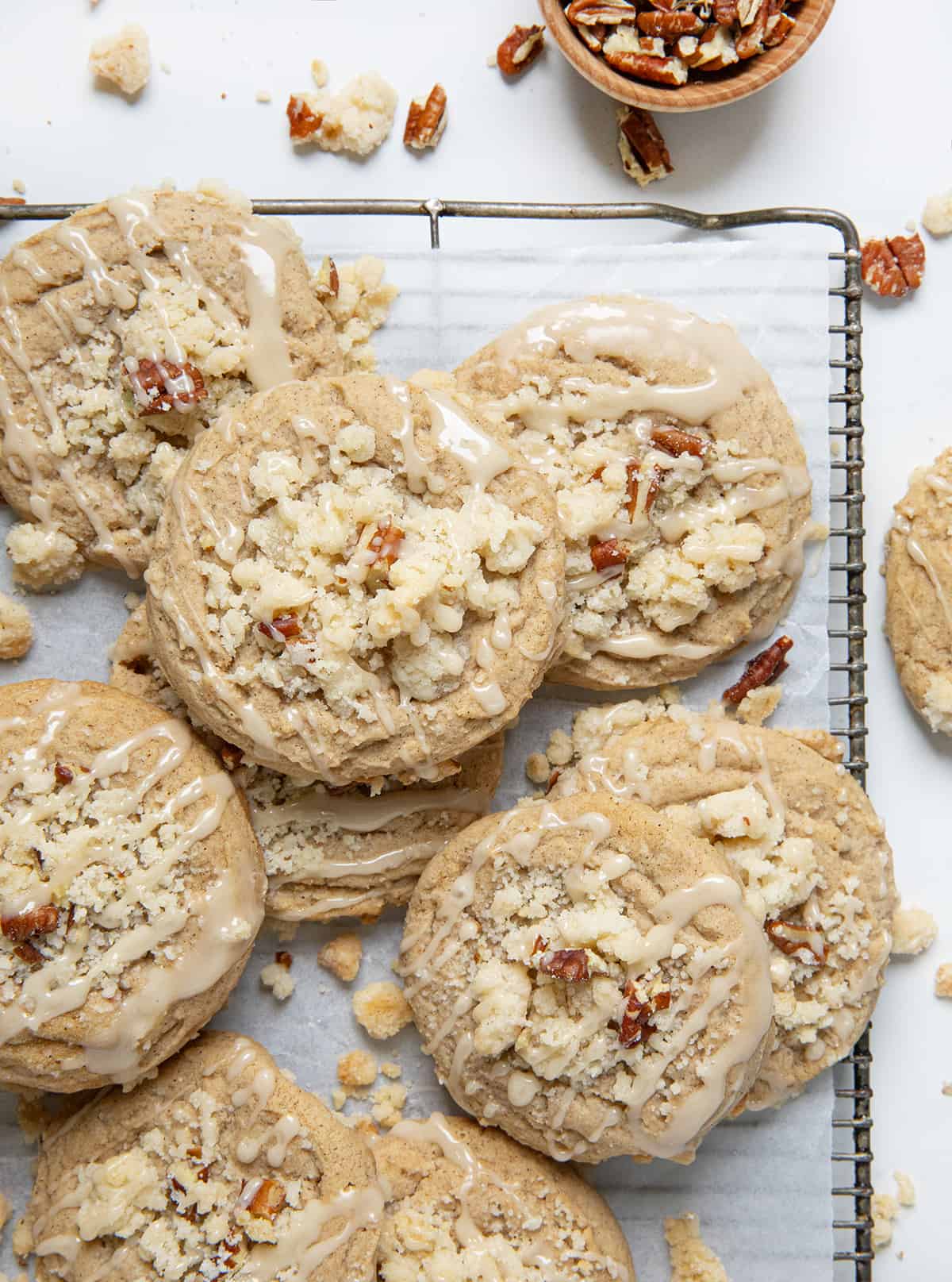 Close up of Maple Pecan Coffee Cake Cookies on a wire rack.