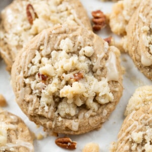 Close up of Maple Pecan Coffee Cake Cookies on a white counter.