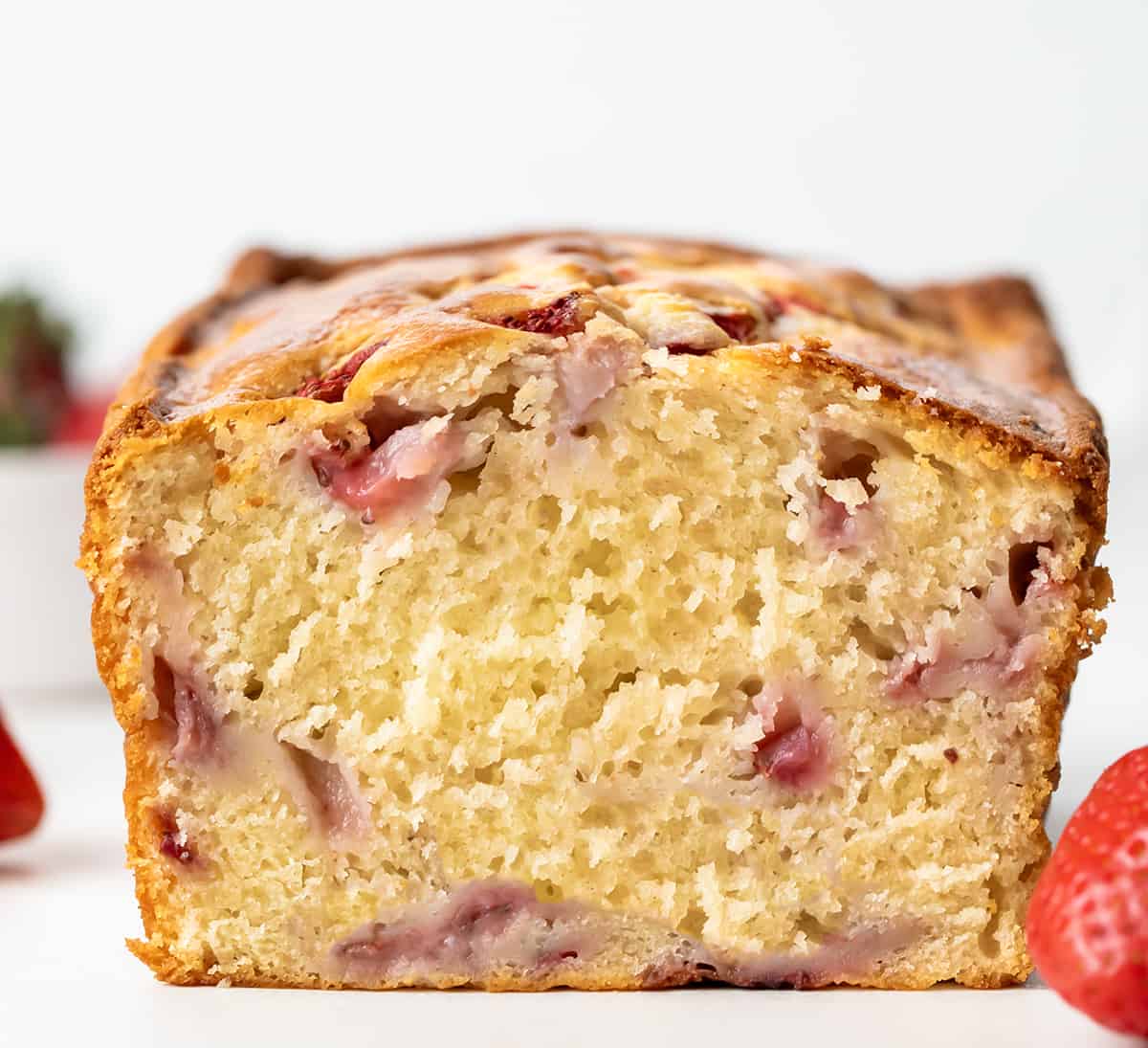 Cut into loaf of Strawberry Bread showing inside texture.