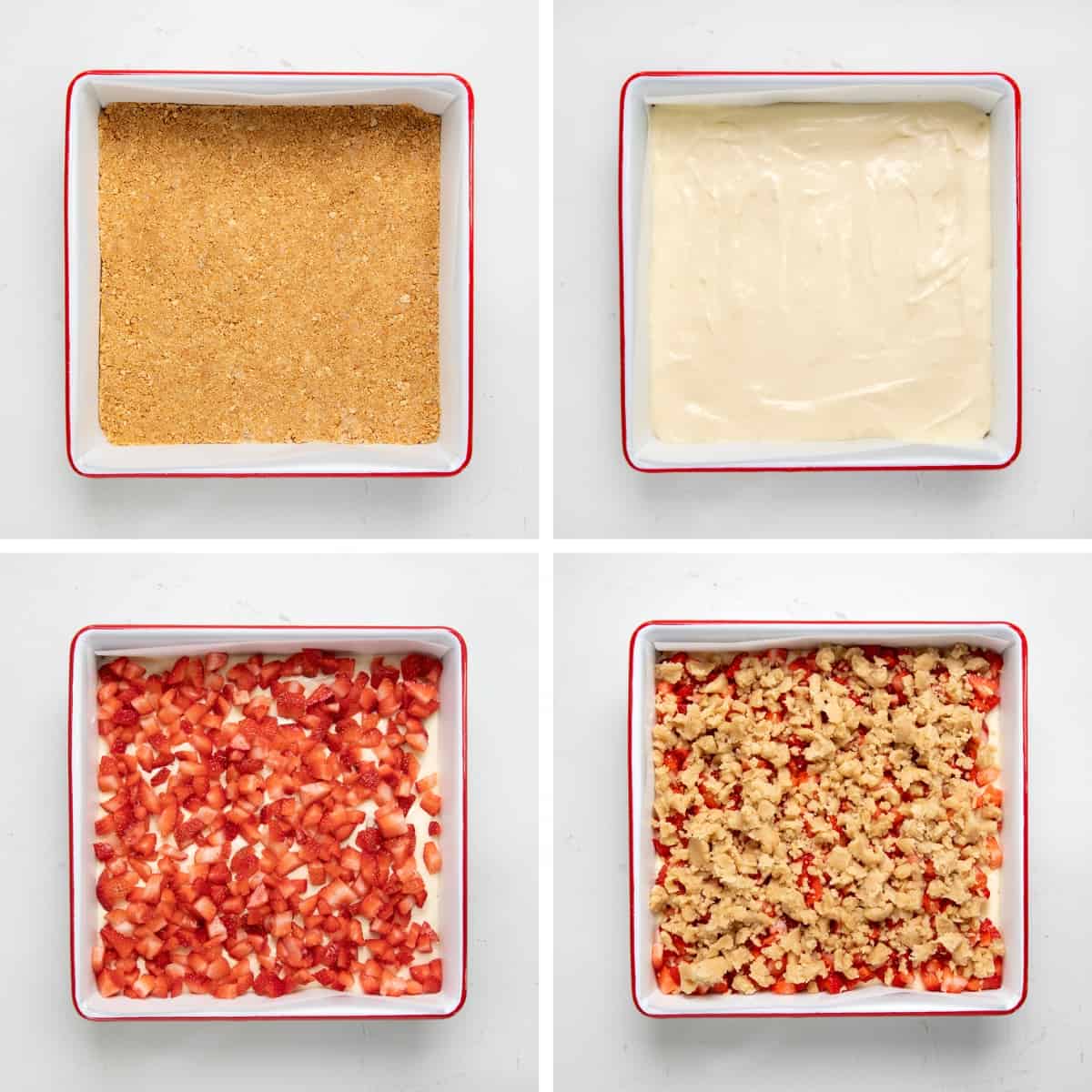 Steps for building the layers of a Strawberry Cheesecake Bar in the pan.