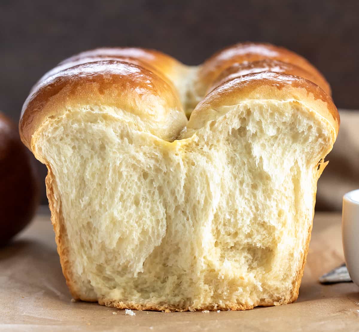 Close up of a loaf of Brioche Bread's inside texture.