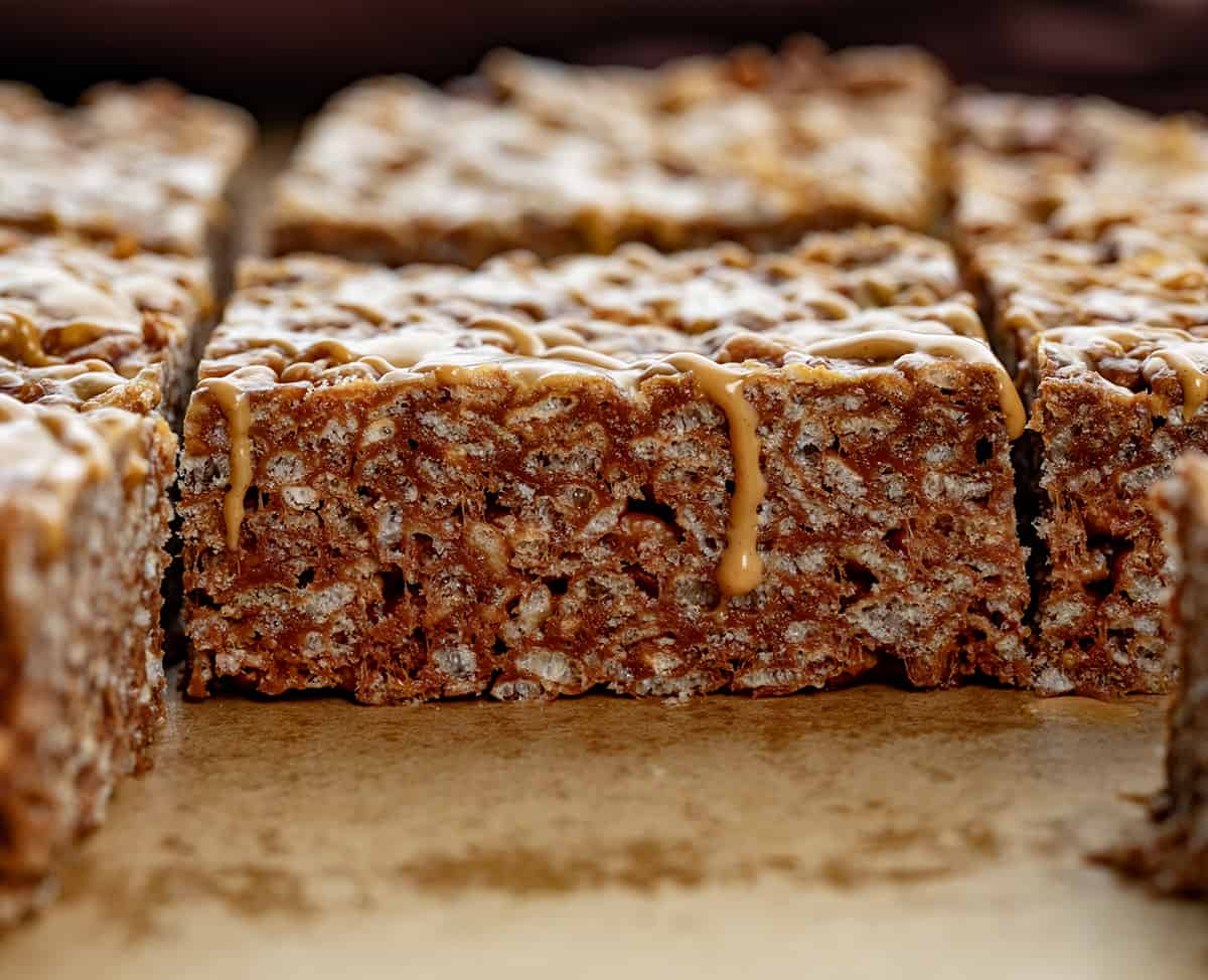 Close up of cut into Chocolate Peanut Butter Rice Krispie Bars.