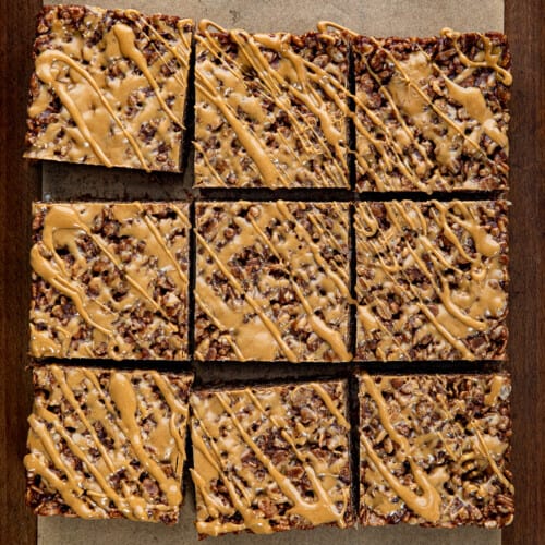 Chocolate Peanut Butter Rice Krispies on a wooden table from overhead.